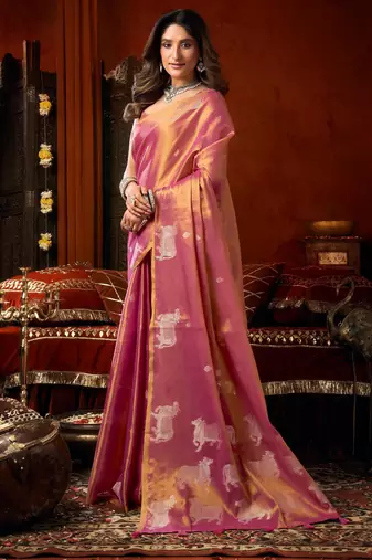 Magenta zari woven tissue traditional saree with blouse