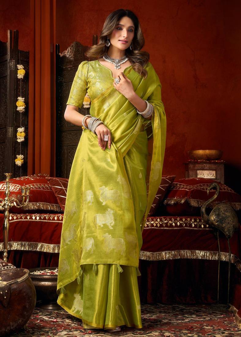 Green zari woven tissue traditional saree with blouse