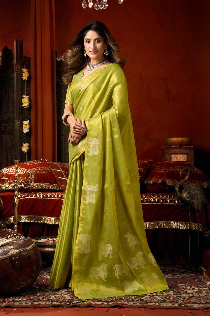 Green zari woven tissue traditional saree with blouse