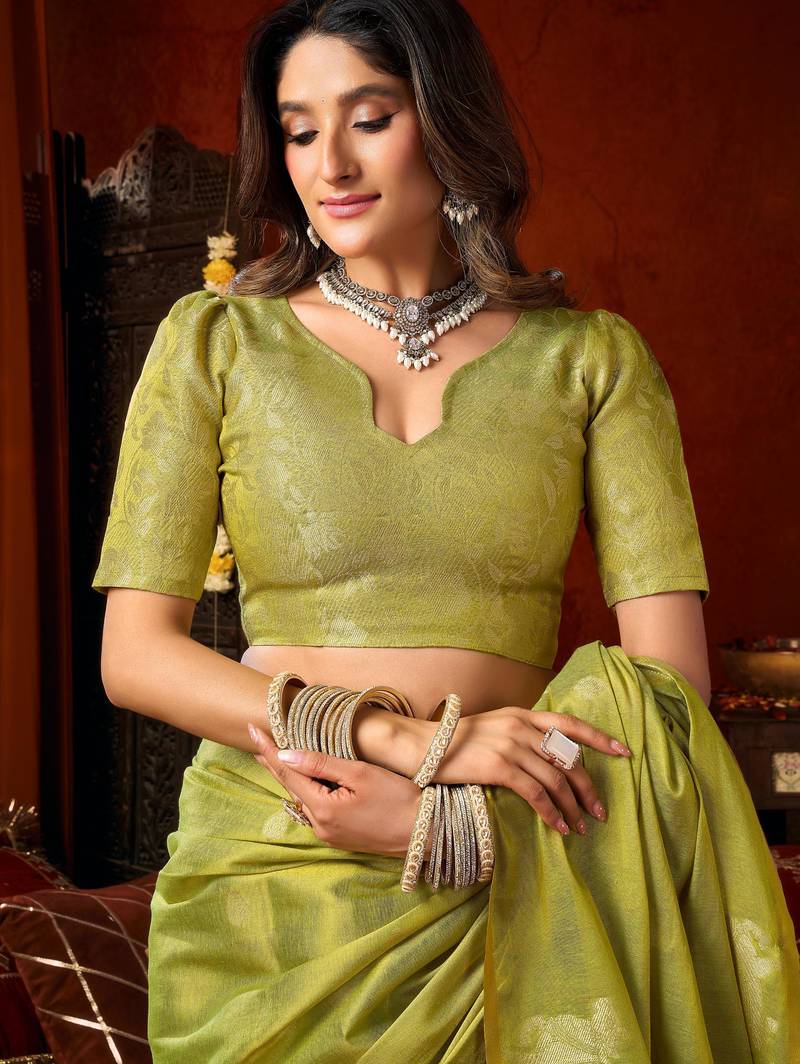 Green zari woven tissue traditional saree with blouse