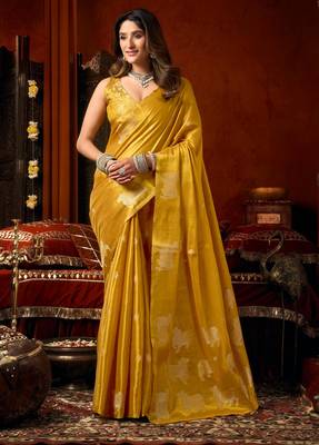 Yellow zari woven tissue traditional saree with blouse 1
