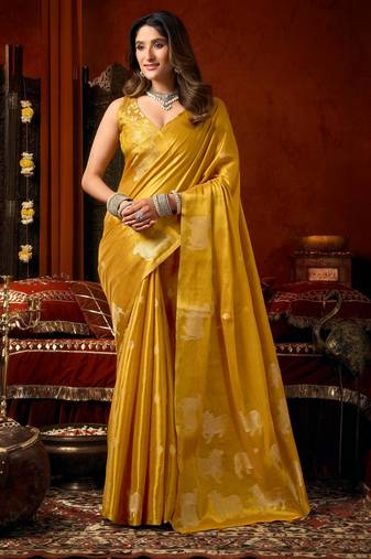 Yellow zari woven tissue traditional saree with blouse