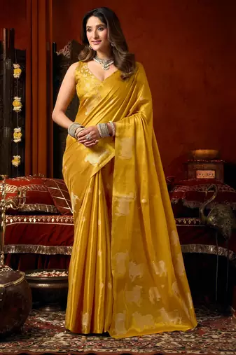 Yellow zari woven tissue traditional saree with blouse