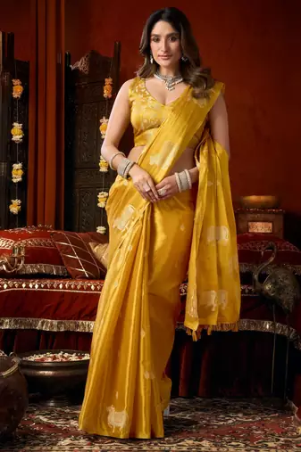 Yellow zari woven tissue traditional saree with blouse
