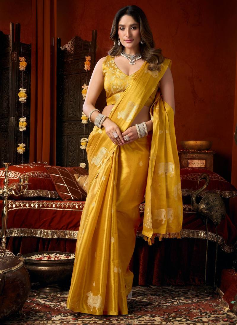 Yellow zari woven tissue traditional saree with blouse
