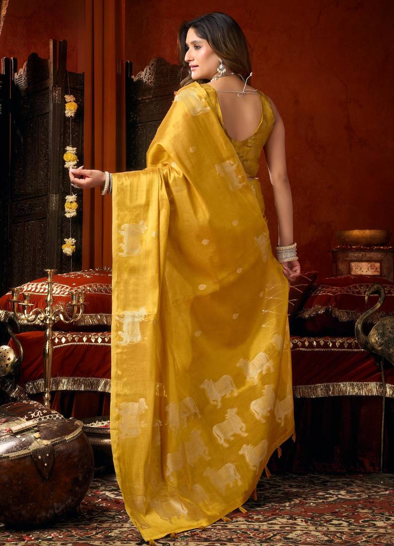 Yellow zari woven tissue traditional saree with blouse