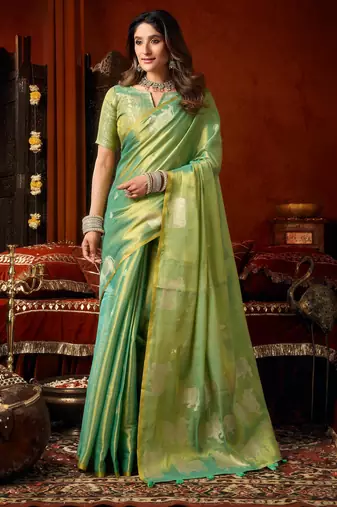 Sea green zari woven tissue traditional saree with blouse