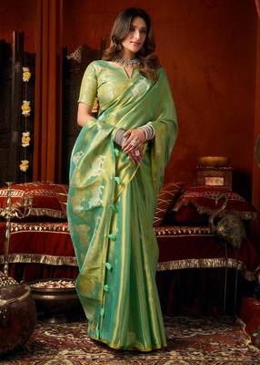 Sea green zari woven tissue traditional saree with blouse 2