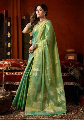 Sea green zari woven tissue traditional saree with blouse 3