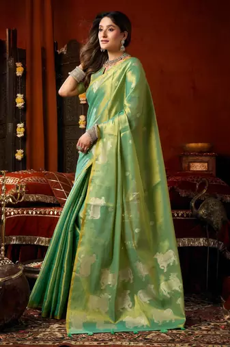 Sea green zari woven tissue traditional saree with blouse