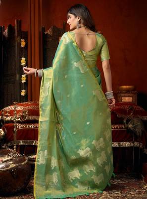 Sea green zari woven tissue traditional saree with blouse 5
