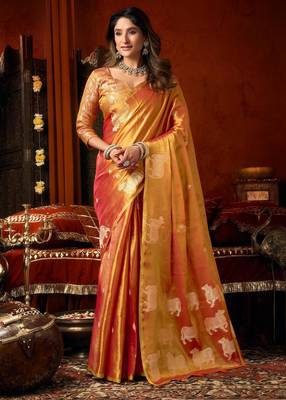 Orange zari woven tissue traditional saree with blouse 1