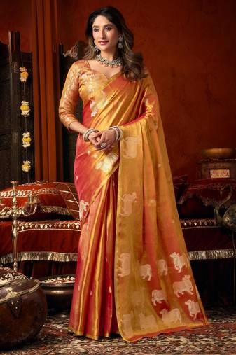 Orange zari woven tissue traditional saree with blouse