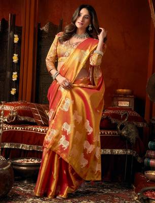 Orange zari woven tissue traditional saree with blouse 2
