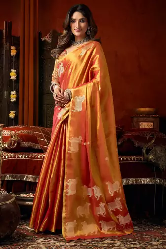 Orange zari woven tissue traditional saree with blouse
