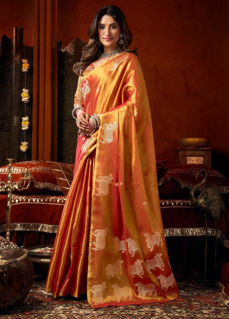 Orange zari woven tissue traditional saree with blouse