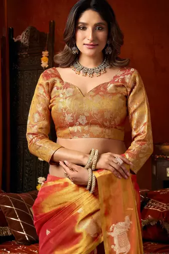 Orange zari woven tissue traditional saree with blouse