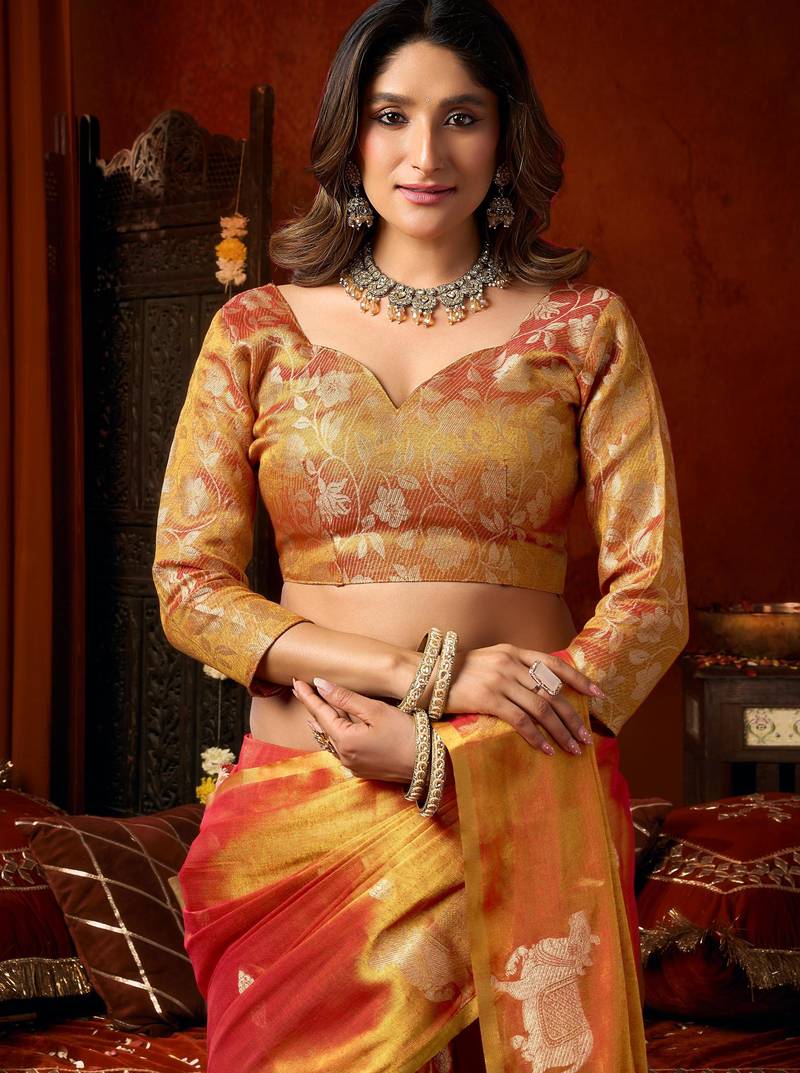 Orange zari woven tissue traditional saree with blouse