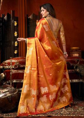 Orange zari woven tissue traditional saree with blouse 5