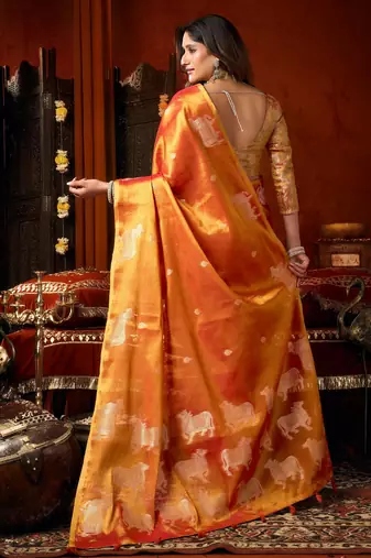 Orange zari woven tissue traditional saree with blouse