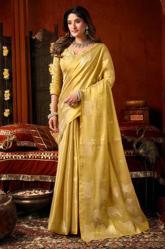 Light yellow zari woven tissue traditional saree with blouse