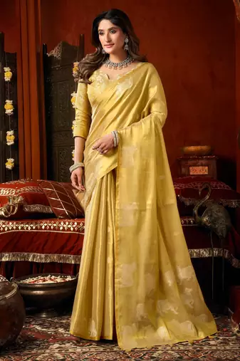 Light yellow zari woven tissue traditional saree with blouse