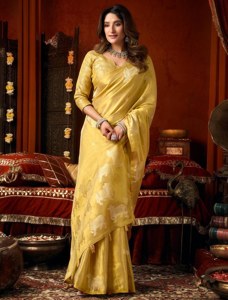 Light yellow zari woven tissue traditional saree with blouse