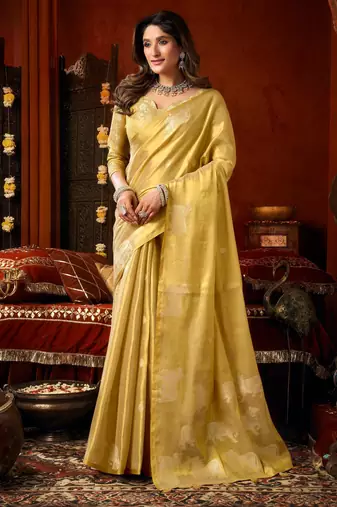 Light yellow zari woven tissue traditional saree with blouse