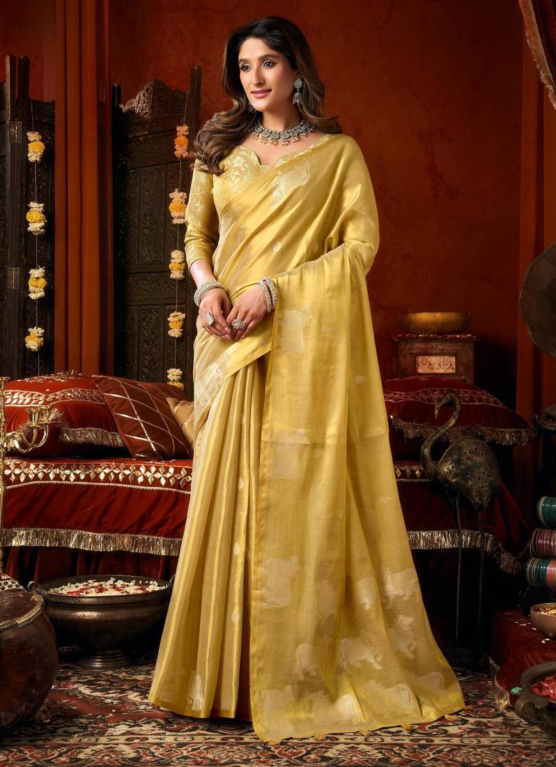 Light yellow zari woven tissue traditional saree with blouse