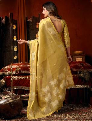 Light yellow zari woven tissue traditional saree with blouse 5