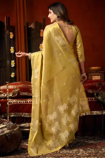 Light yellow zari woven tissue traditional saree with blouse