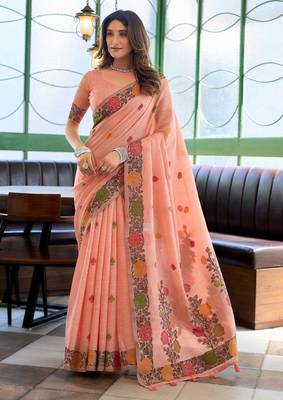 Peach handloom woven linen jacquard traditional saree with blouse 1