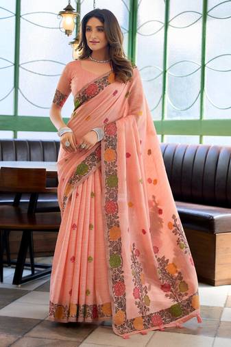 Peach handloom woven linen jacquard traditional saree with blouse