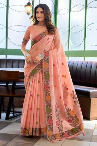 Peach handloom woven linen jacquard traditional saree with blouse