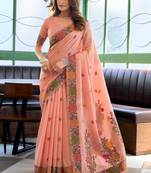 Peach handloom woven linen jacquard traditional saree with blouse