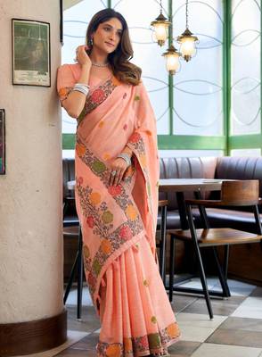 Peach handloom woven linen jacquard traditional saree with blouse 2