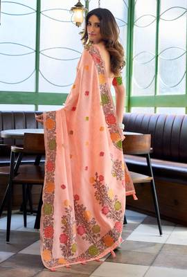 Peach handloom woven linen jacquard traditional saree with blouse 5