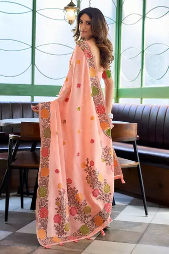Peach handloom woven linen jacquard traditional saree with blouse