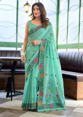 Sky blue handloom woven linen jacquard traditional saree with blouse 1