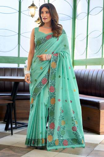 Sky blue handloom woven linen jacquard traditional saree with blouse