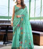 Sky blue handloom woven linen jacquard traditional saree with blouse