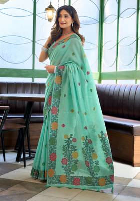 Sky blue handloom woven linen jacquard traditional saree with blouse 3