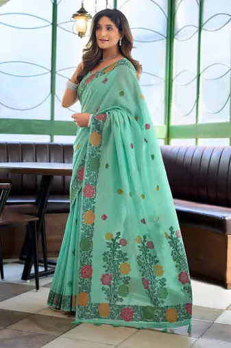 Sky blue handloom woven linen jacquard traditional saree with blouse