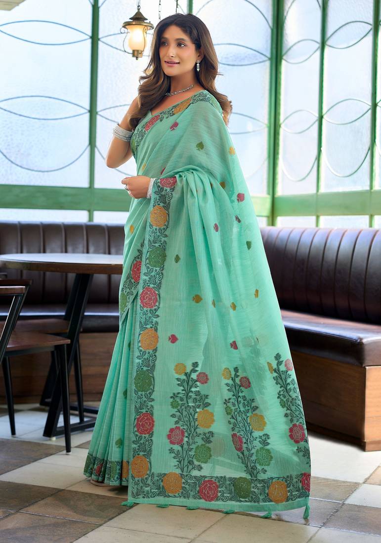 Sky blue handloom woven linen jacquard traditional saree with blouse