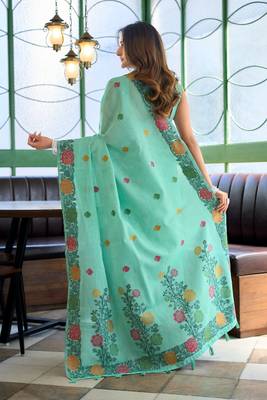 Sky blue handloom woven linen jacquard traditional saree with blouse 5