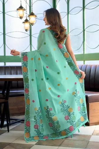 Sky blue handloom woven linen jacquard traditional saree with blouse