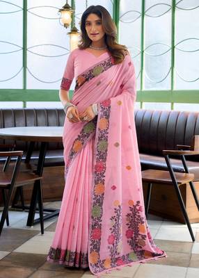 Baby pink handloom woven linen jacquard traditional saree with blouse 1