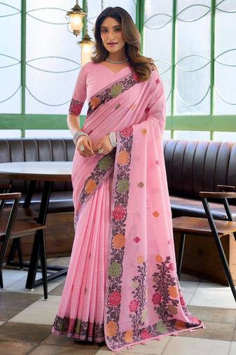 Baby pink handloom woven linen jacquard traditional saree with blouse