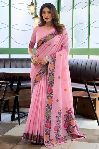 Baby pink handloom woven linen jacquard traditional saree with blouse