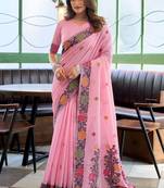Baby pink handloom woven linen jacquard traditional saree with blouse